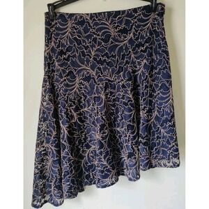 Zara Basic Collection LACE LEAF FLORAL Asymmetrical Slant Skirt Large Navy/Brown